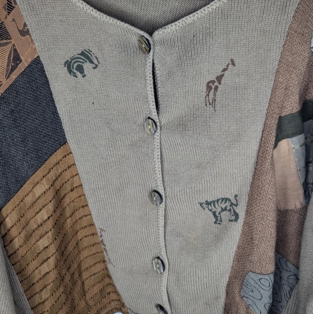 Vintage Donna Jessica Abstract Jungle Safari patchwork mismatch cardigan size 1